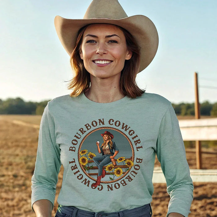 Bourbon Cowgirl Long Sleeve Dusty Blue T-Shirt