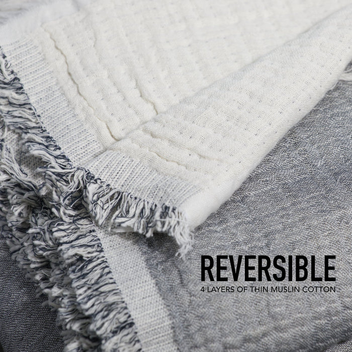 Gray and white reversible fabric with text indicating 4 layers of thin muslin cotton.