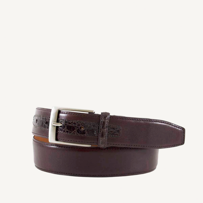 Brown leather belt with a silver buckle on a white background