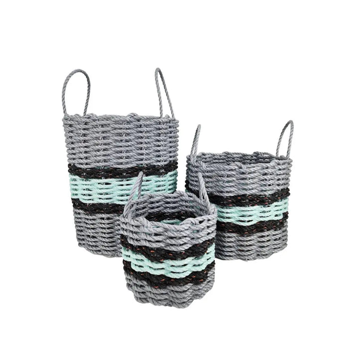 Lobster Rope Basket Light Gray and Seafoam, Black Accents