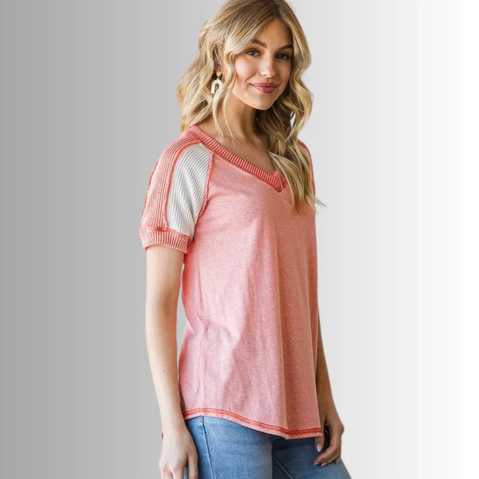 Ari Mixed Fabric V-Neck Raglan Tee