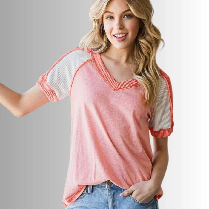 Ari Mixed Fabric V-Neck Raglan Tee