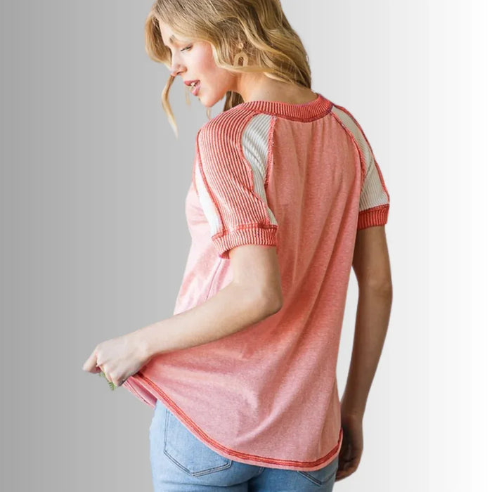 Ari Mixed Fabric V-Neck Raglan Tee