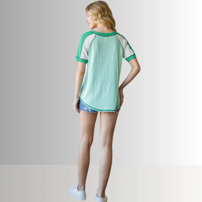 Ari Mixed Fabric V-Neck Raglan Tee
