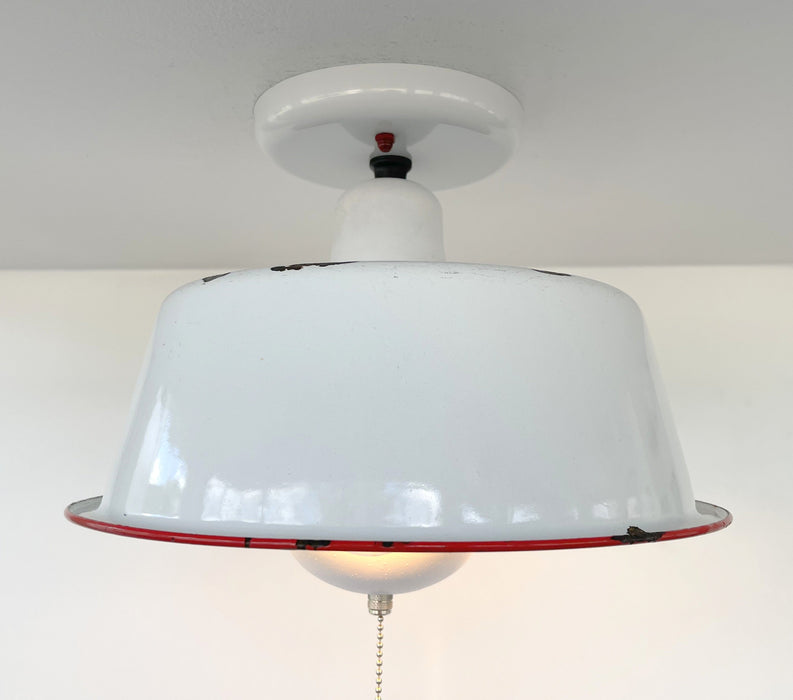 Antique FARMHOUSE WHITE ENAMEL Pan Ceiling Light
