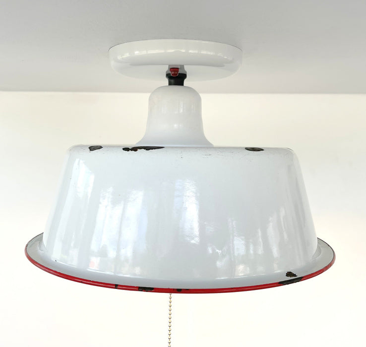 Antique FARMHOUSE WHITE ENAMEL Pan Ceiling Light