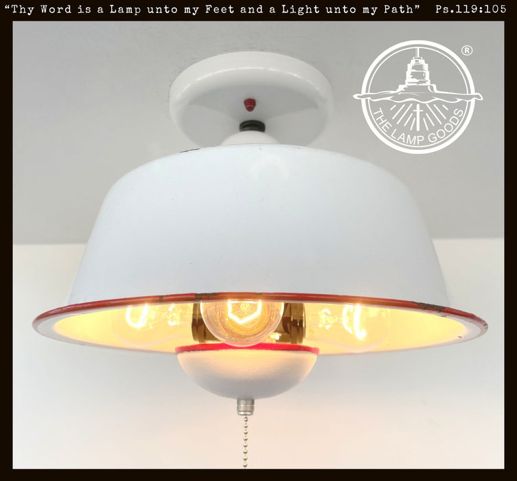 Antique FARMHOUSE WHITE ENAMEL Pan Ceiling Light