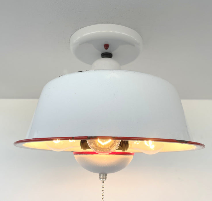 Antique FARMHOUSE WHITE ENAMEL Pan Ceiling Light