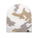 Camouflage-patterned beanie with a brand logo on a white background