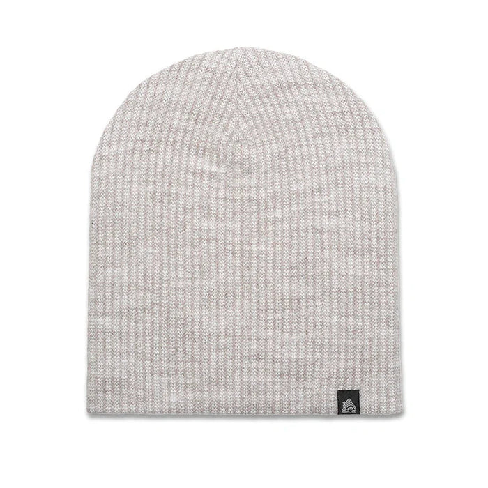 Gray knit beanie with a brand logo on a white background