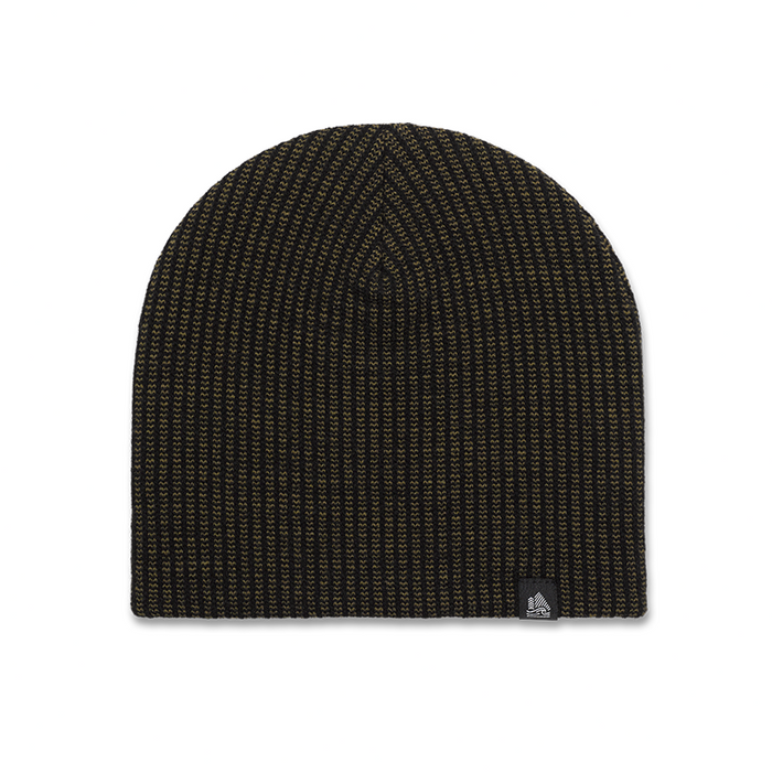 Black knit beanie with a brand logo on a white background