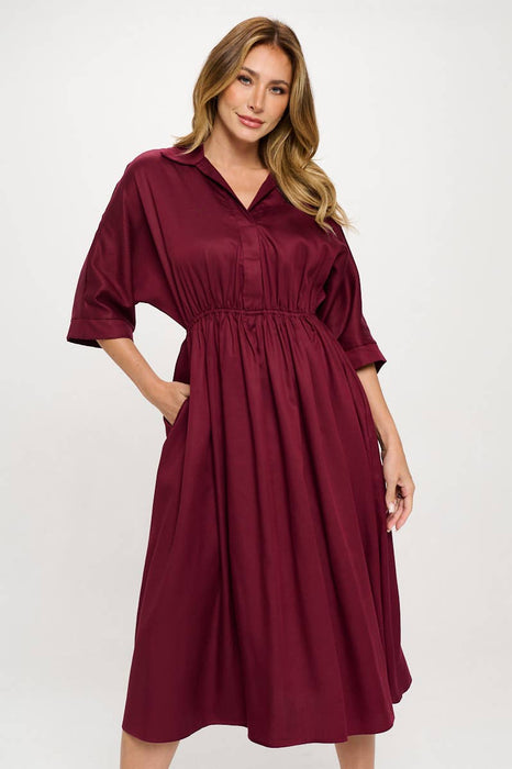 Made in USA Tencel Collared V neck Midi Dress with Pockets