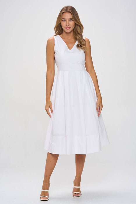 Cotton Poplin V neck Midi Dress with Pockets