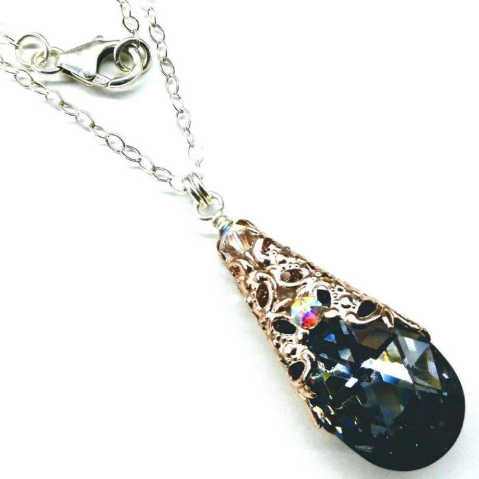 Rose Gold Filigree Wrap Crystal Black Diamond Pendant Necklace