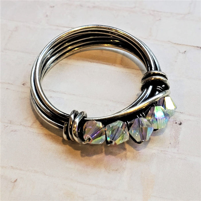 Wire Wrapped Antiqued  Silver Super Sparkly Multi Band Bling Ring
