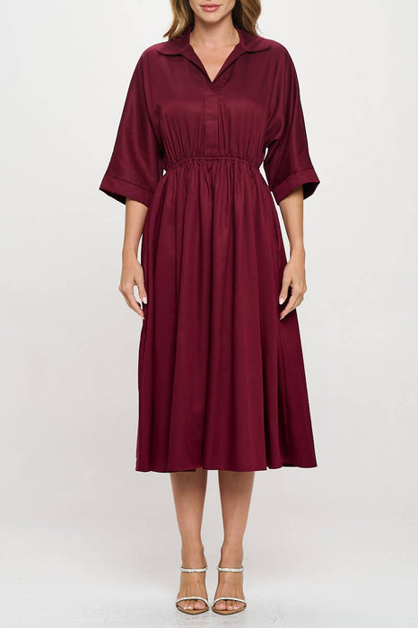Made in USA Tencel Collared V neck Midi Dress with Pockets