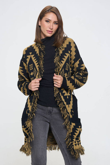 Tribal Print Cardigan with Fringe Detail and Tie