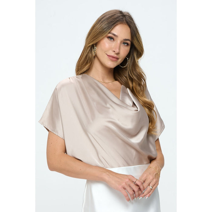 Satin Cowl Neck Short Sleeve Top