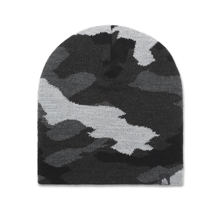 Camouflage-patterned beanie on a white background