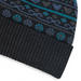 Black knit beanie with blue and gray pattern on a white background