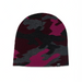 Camouflage-patterned beanie with pink and gray design on a white background