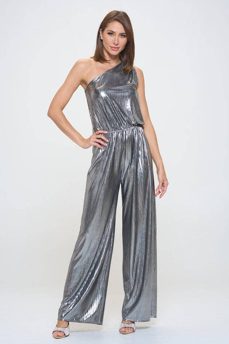 Made in USA Metallic One Shoulder Wide Leg Jumpsuit