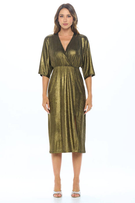 Made in USA Lurex Metallic Kimono V neck Dress with Slit