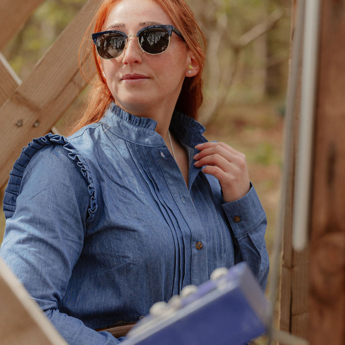 Charlotte Long-Sleeve Cotton Blouse – Dungaree Blue