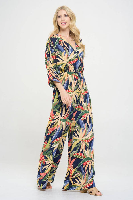Made in USA Tropical Print V neck Wide Leg Jumpsuit