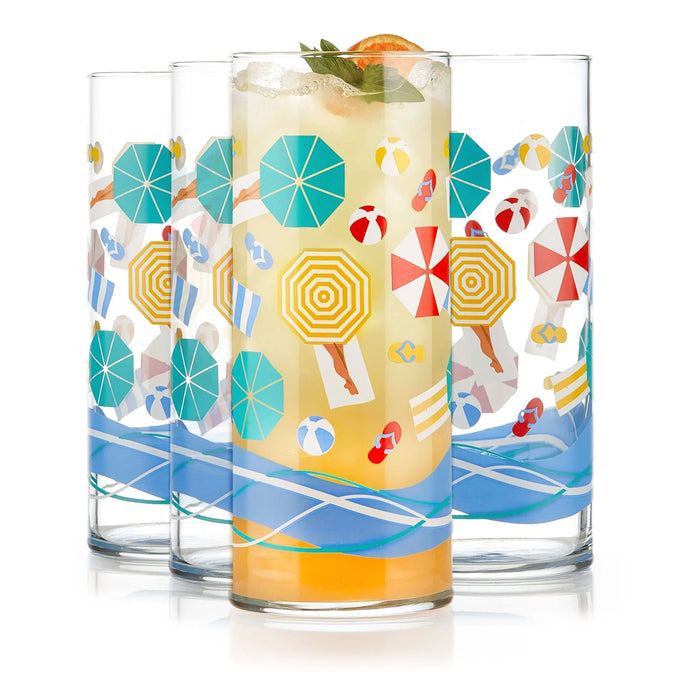 Vintage Beach Scene Cooler Glasses, 16 ounce, Set of 4