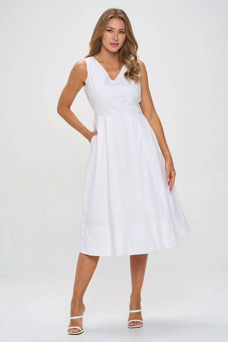 Cotton Poplin V neck Midi Dress with Pockets