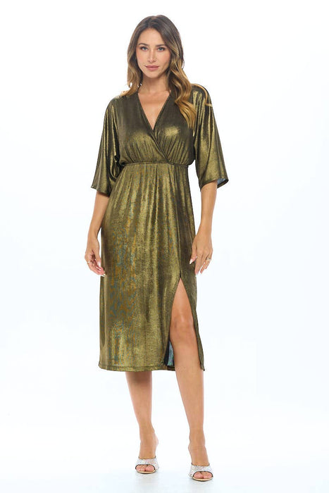 Made in USA Lurex Metallic Kimono V neck Dress with Slit