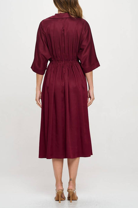 Made in USA Tencel Collared V neck Midi Dress with Pockets