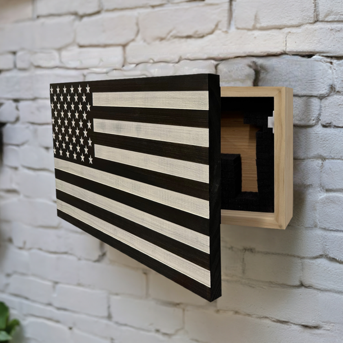 American Flag Wall-Mounted Gun Cabinet (Black & White Distressed)