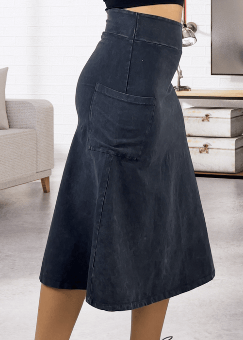 Alyssa Very Versatile Cotton Skirt in Dark Grey-Blue Denim