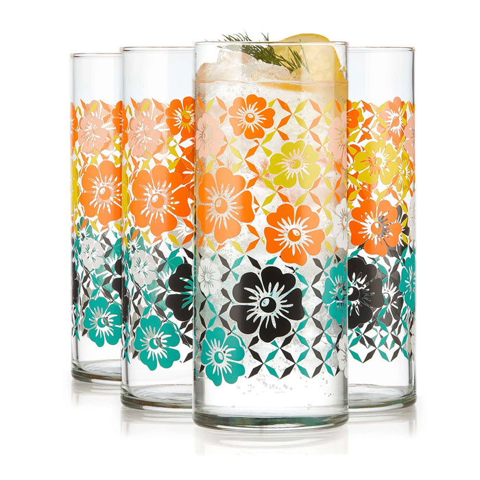 Vintage Flower Power Cooler Glasses, 16 ounce, Set of 4