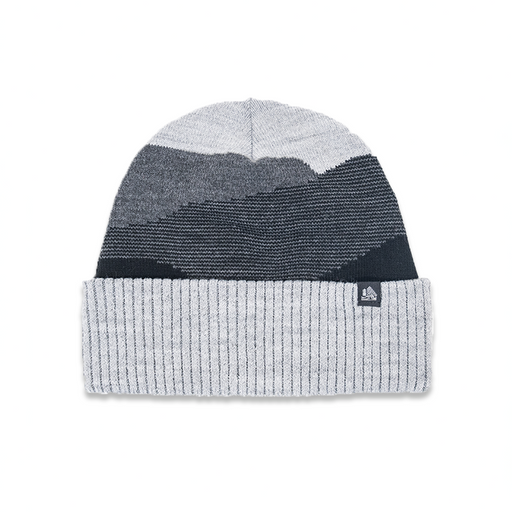 Gray beanie with color-blocked design on a white background