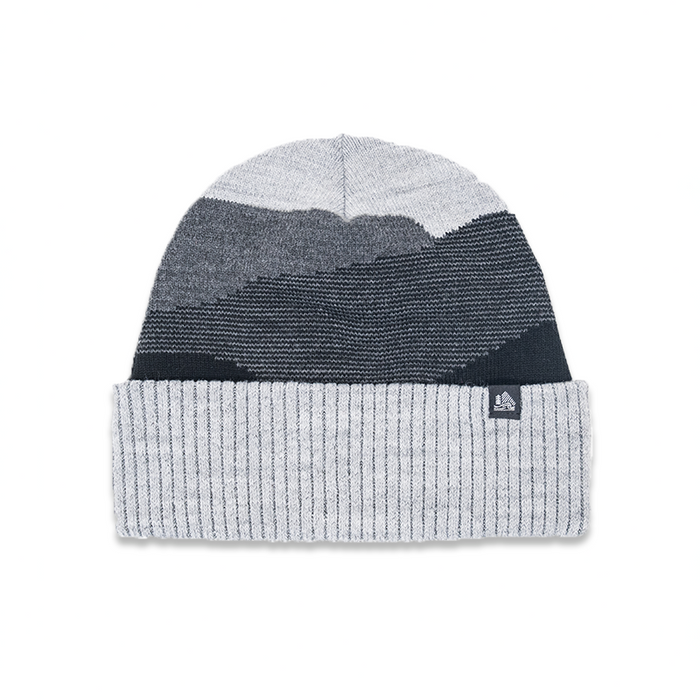 Gray beanie with color-blocked design on a white background