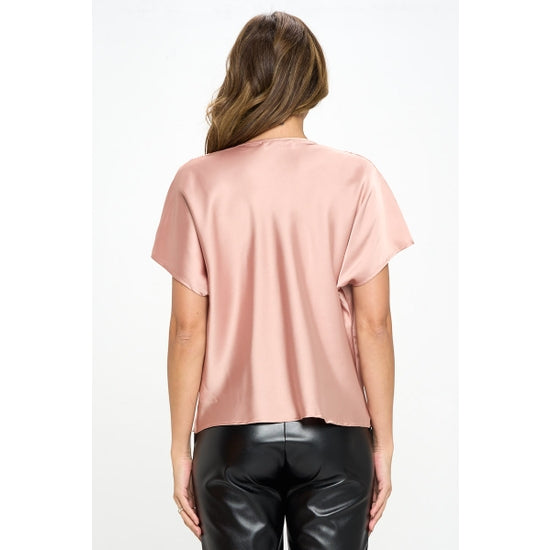 Satin Cowl Neck Short Sleeve Top