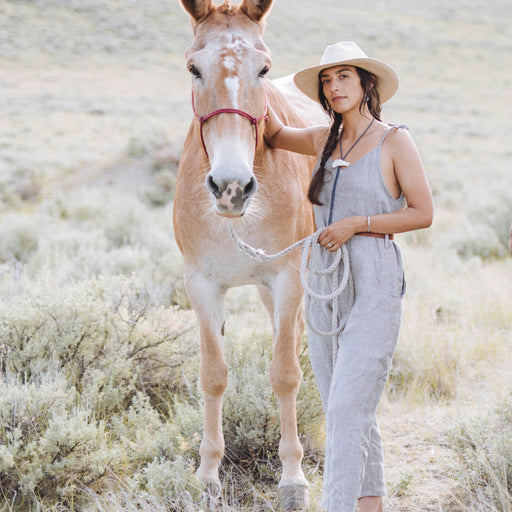 Woman in a gray outfit standing next to a donkey in a field