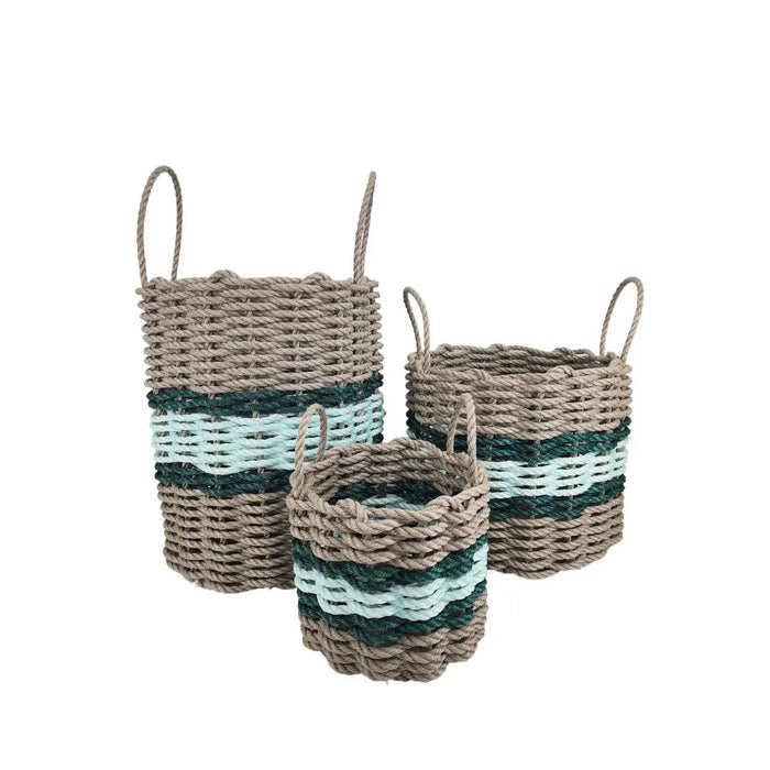 Lobster Rope Basket Tan and Seafoam, Hunter Green Accents