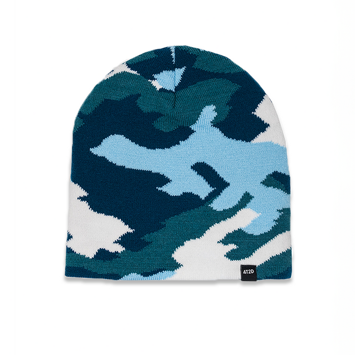 Blue and white camouflage beanie on a white background