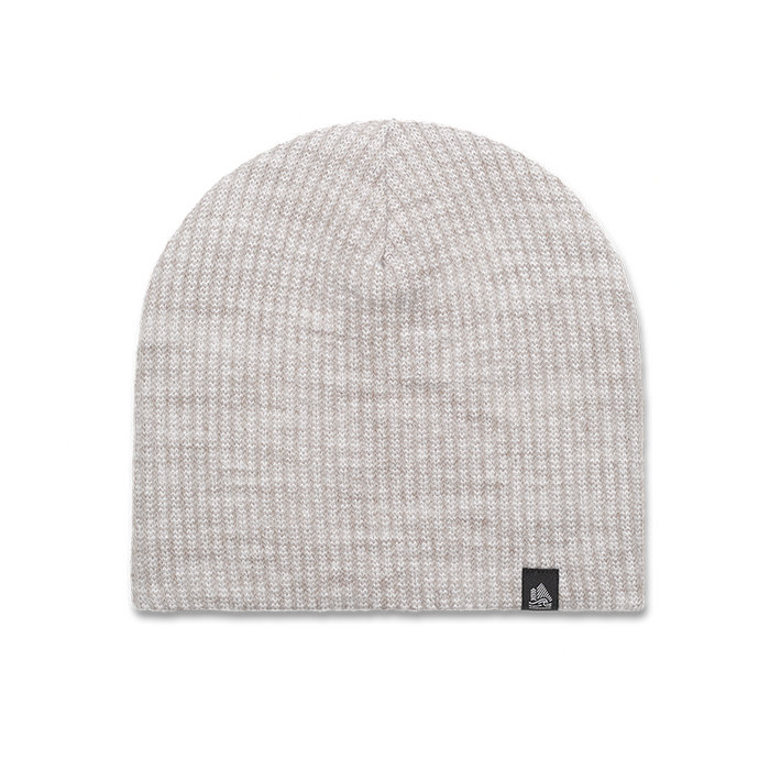Gray knit beanie with a brand logo on a white background