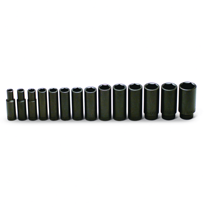 Set of black hex sockets arranged in a row on a white background