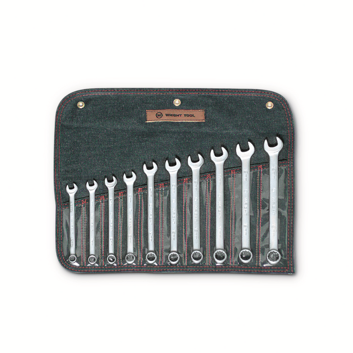 Set of wrenches in a black tool roll with Wright Tool logo on a white background